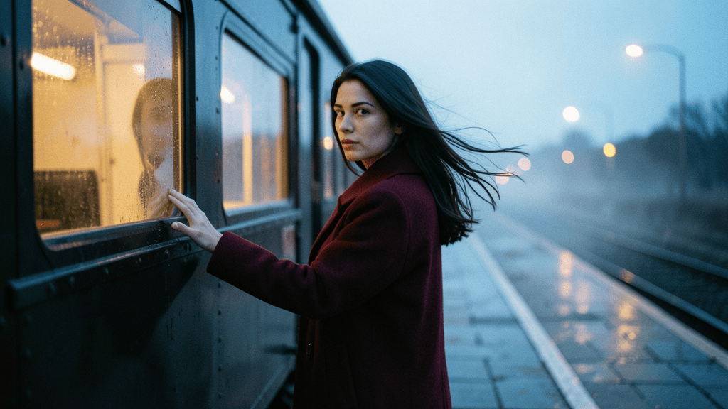 Illustrative artwork of a woman beside a rain-covered train; not an output from Blinki Motion.